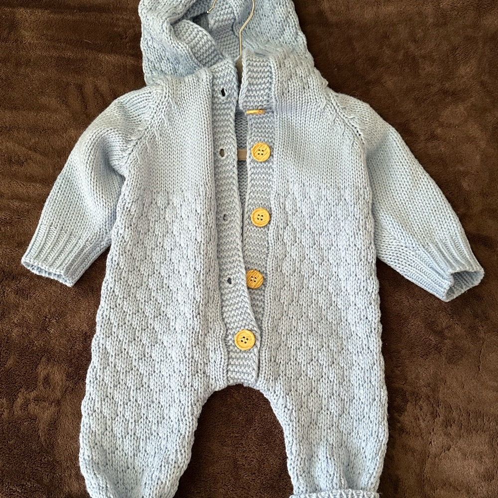 Cozy Blue Knit Hooded Baby Onesie
